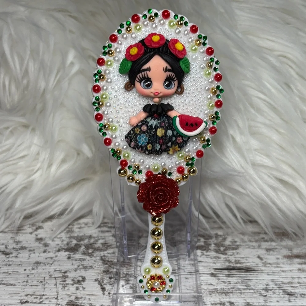 Hand Crafted Floral Makeup Brush with Red and Green Accents